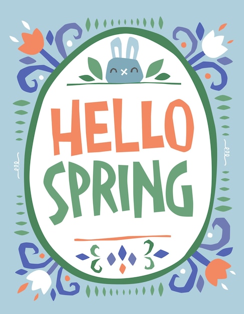 Hello spring cute Easter themed phrase lettering illustration Modern dust colors typography design