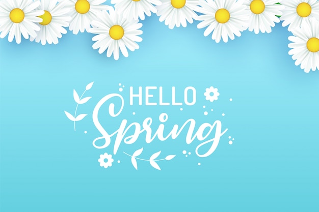 Ciao spring design con elementi realistici 3d di fiori freschi per la stagione primaverile.