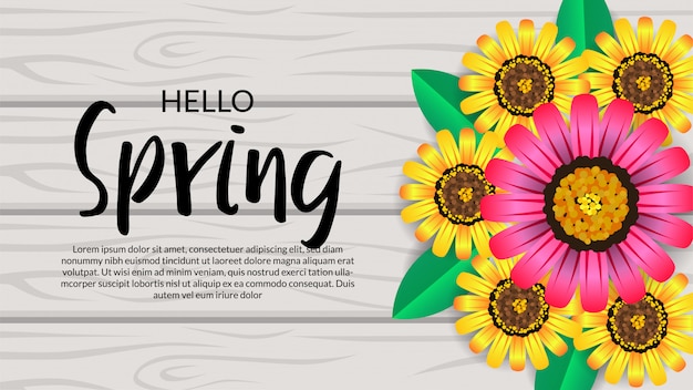 Hello spring flower blossom on the wood background