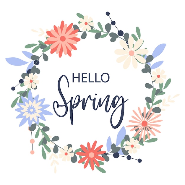 안녕하세요 봄 꽃 화환 허브 꽃과 인사말 카드