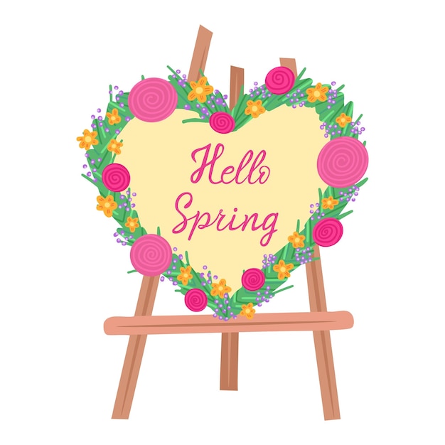 Hello spring flower wreath on easel hand drawn illustration