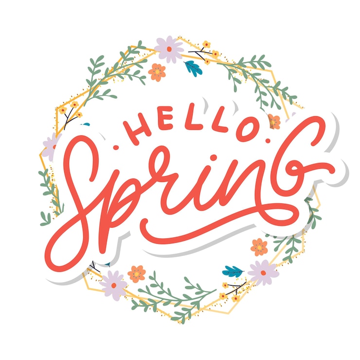 Vector hello spring flowers text background frame lettering slogan