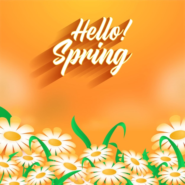 Hello Spring Font With Daisy Flowers, Leaves Decorated On Glossy Orange Background.