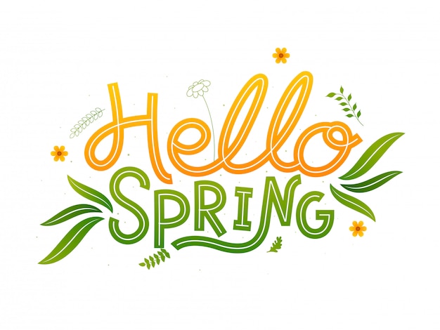 Vector hello spring font with flowers and leaves