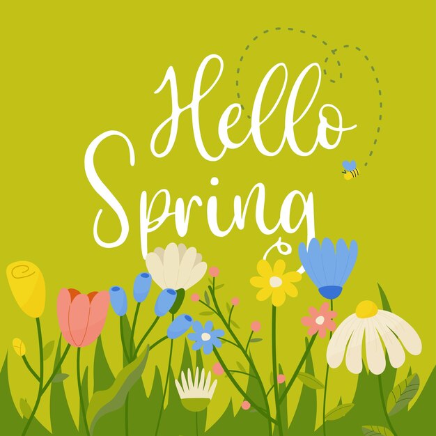 Vector hello spring fresh trendy spring season lettering with flowers for greeting card poster with bee