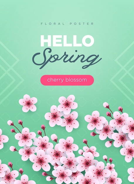 Vector hello spring green poster with cherry blossom