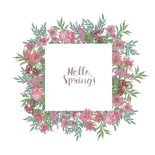 Vector hello spring greeting card of beautiful pink wild blooming flowers and flowering herbs hand drawn on white