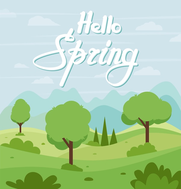 Hello spring greeting card cute illustration hello spring landscape