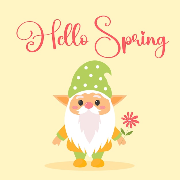 Vector hello spring greeting card with cute garden gnome adorable character scandinavian dwarf with flower