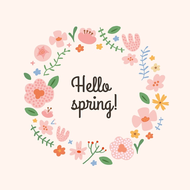 Hello spring greeting card with flowers