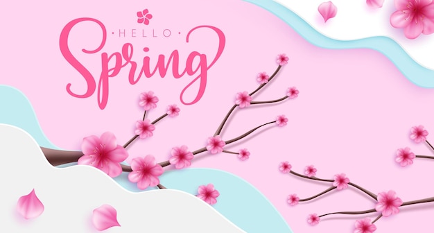 Vector hello spring greeting vector design spring hello text with cherry blossom flowers in pink space