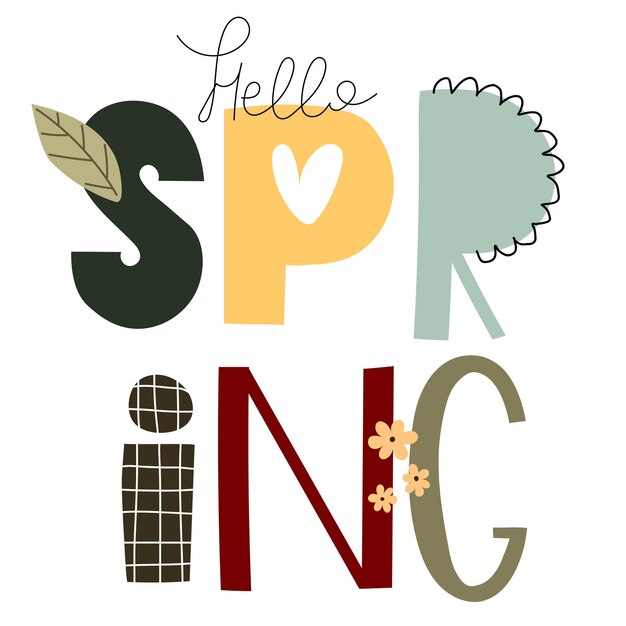 Vector hello spring hand drawing lettering decoration elements