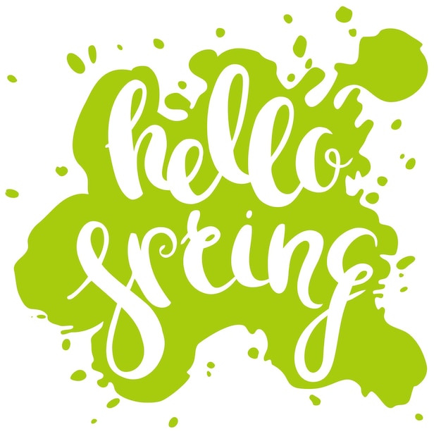 Hello spring, hand drawn vector lettering on green background.