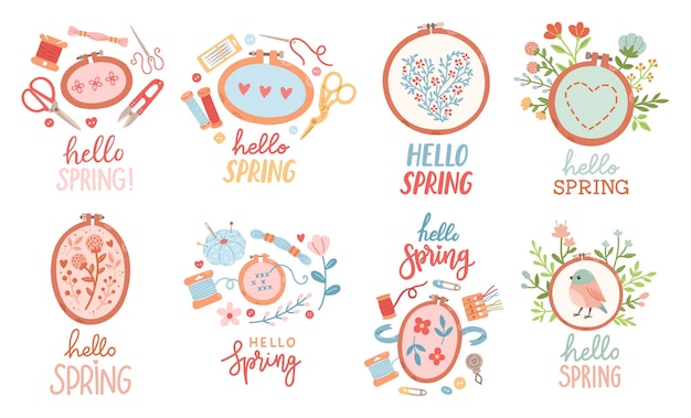 Hello Spring hand drawn vector set. Lettering spring season with embroidery leaves flowers for cards