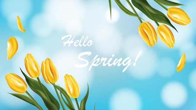 Vector hello spring hand lettering with tulip flower