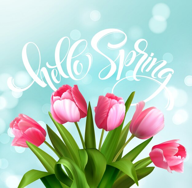 Hello spring hand lettering with tulip flower.