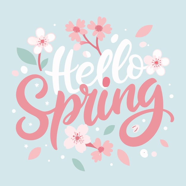 Hello Spring Handgeschreven tekstvector omringd door pastelroze bloemen en kersenbloesems