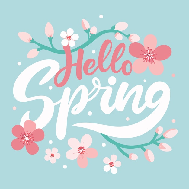 Hello Spring Handgeschreven tekstvector omringd door pastelroze bloemen en kersenbloesems