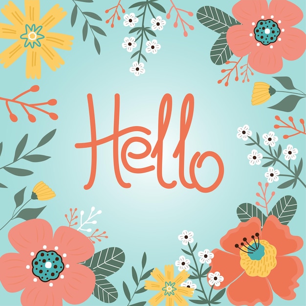 Hello spring Hello summer Fowers and leaves on blue background
