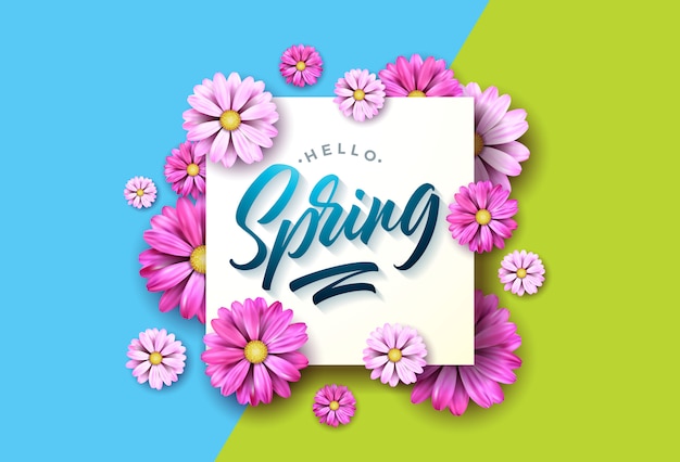 Hello spring illustration with pink flower