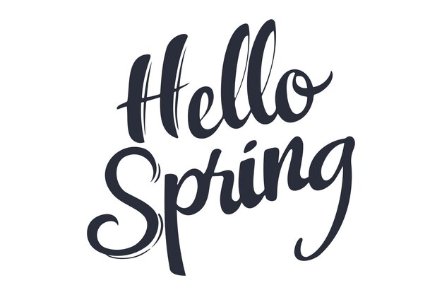 Vector hello spring is here handwritten letters calligraphy design for holiday greeting card invitation