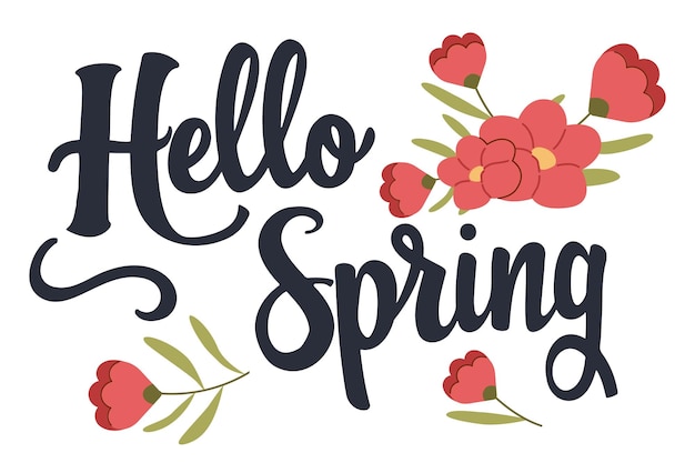 Vector hello spring is here handwritten letters calligraphy design for holiday greeting card invitation