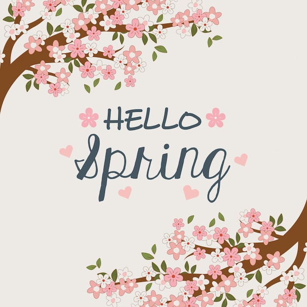 Vector hello spring label with tree branch and flowers