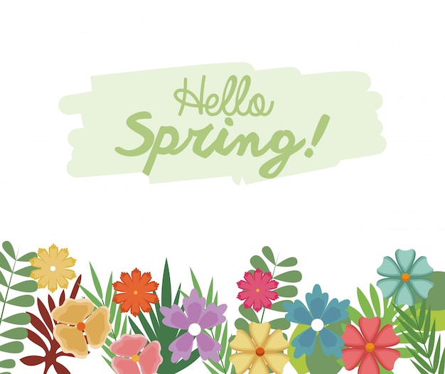 Hello spring letter decoration, flower and leaves, celebration poster