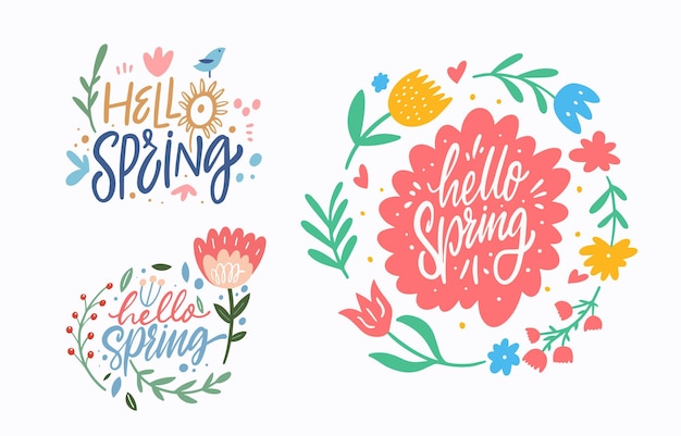 Hello Spring lettering phrases set Season holiday vector art illustration