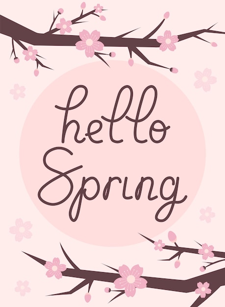 Hello spring lettering cartolina o striscione con illustrazione vettoriale di fiori di ciliegio in stile piatto