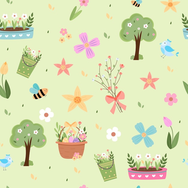 귀여운 새, 꿀벌, 꽃, 나비와 함께 안녕하세요 봄 글자. 손으로 그린 평면 만화 요소