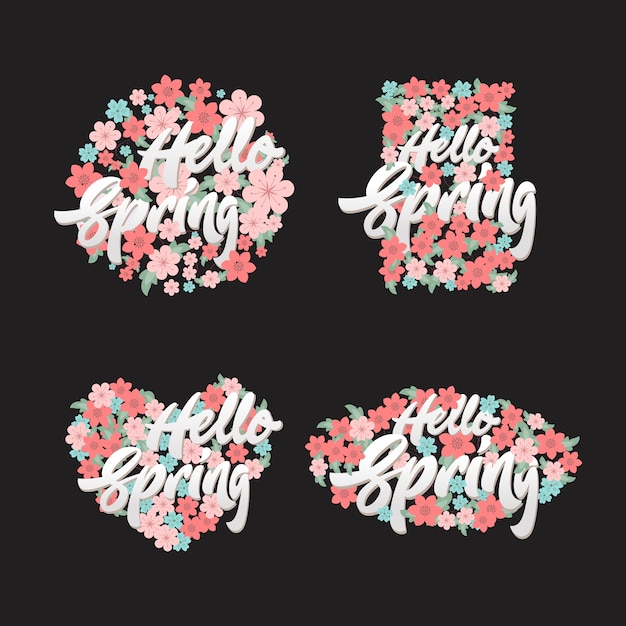 Hello spring lettering with flowers elements illustration set