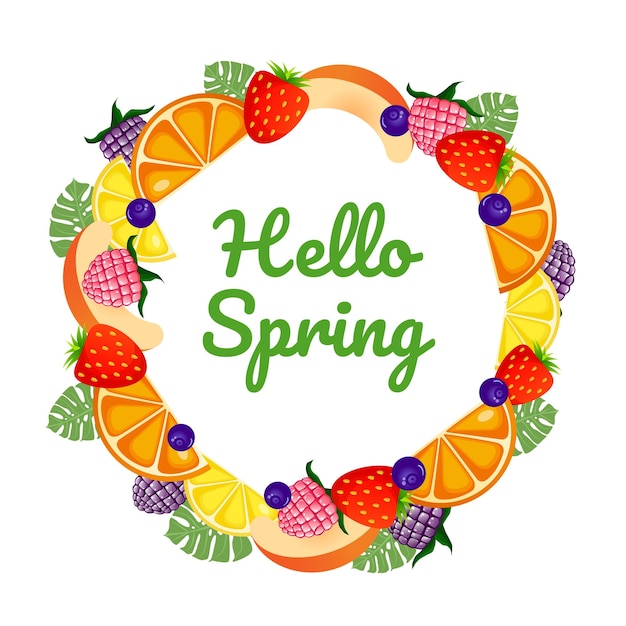 Vector hello spring lettering with raspberry blackberry strawberry blueberry peach orange and greenery