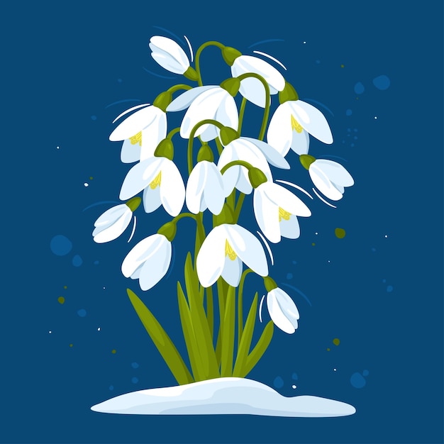 Hello spring March white flowers Snowdrops blooming through the snow