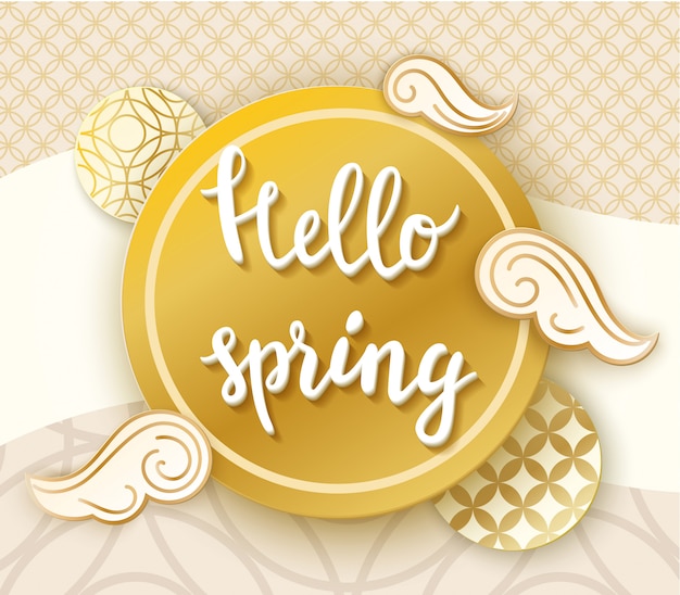 Hello spring paper art golden design