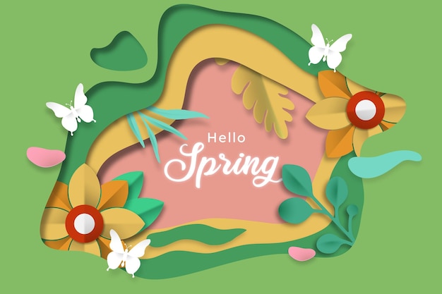 Vector hello spring paper cut background