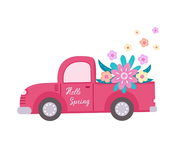 Hello spring pickup truck with flowers hand drawn illustration