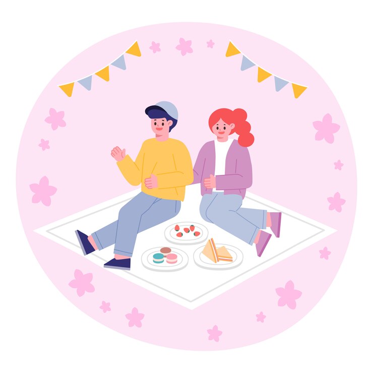 Vector 안녕하세요 봄, 피크닉, 앉아있는 커플.
