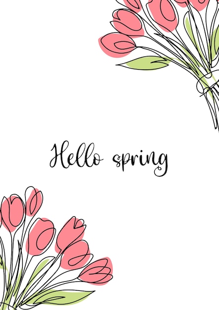 Hello spring postcard line art bouquet of tulips single line drawing vector illustration