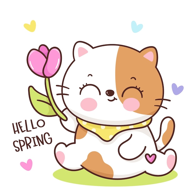 Vector hello spring poster with a cat and a quote hello spring.