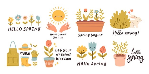 Вектор Привет весенние цитаты набор цветочные весенние ручные отпечатки дизайн положительные фразы для наклейки