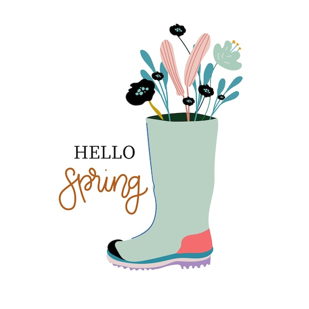 Hello Spring Rubber boots with bouquets Hand drawn spring print postcard poster handwritten