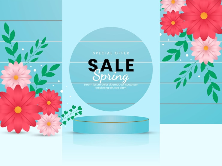 Vector hello spring sale 3d podium design for product advertisement with flowers and leaves in the background
