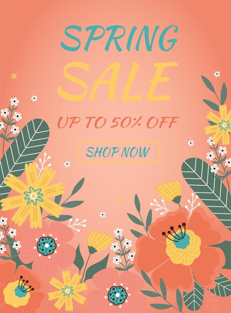 Vector hello spring sale banner with spring flowers leaves on pink background