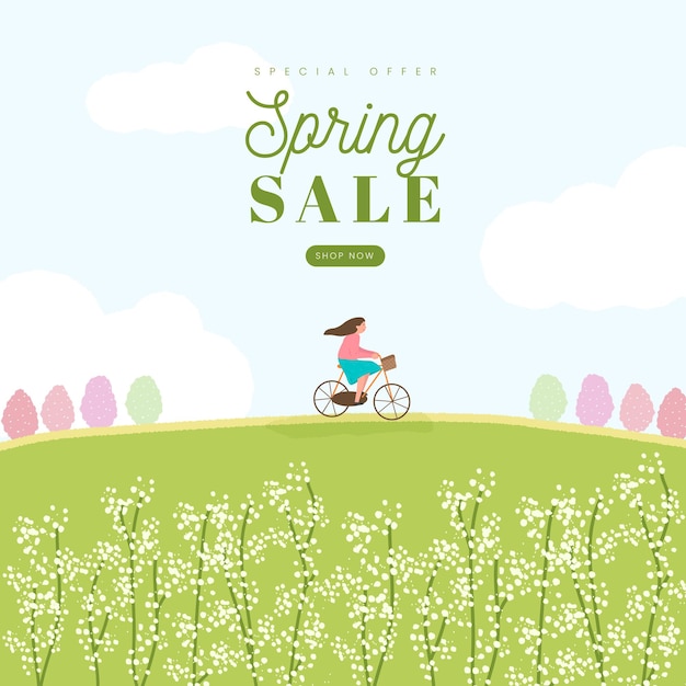 Vector hello spring sale template with pastel background flowers woman riding bike on hill
