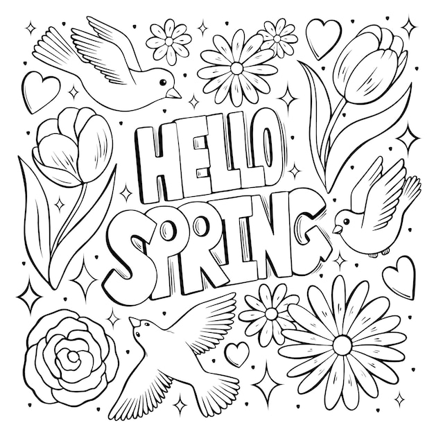 Vector hello spring season lettering with flowers and birds for greeting card poster invitation template line art for coloring book page