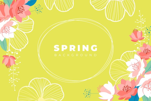 Vector hello spring season with frame and corner of colorful flowers background