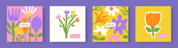 hello spring set of cards posters holiday covers with cute hand drawn flowers modern design with