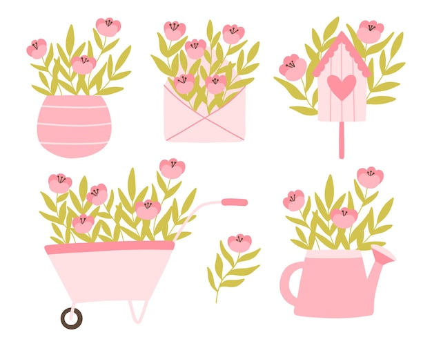 Hello spring set Collection of spring elements Watering can vase birdhouse envelope wheelbarrow with flowers Lovely spring stickers with flowers Vector illustration Flat hand drawn style