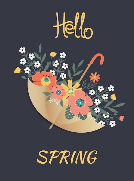 Hello spring Spring flowers leaves in umbrella on dark background